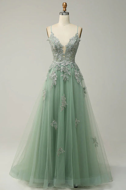 Sage A-line Spaghetti Strap Tulle Long Prom Dress Applique V-neck Party Dress ED01380