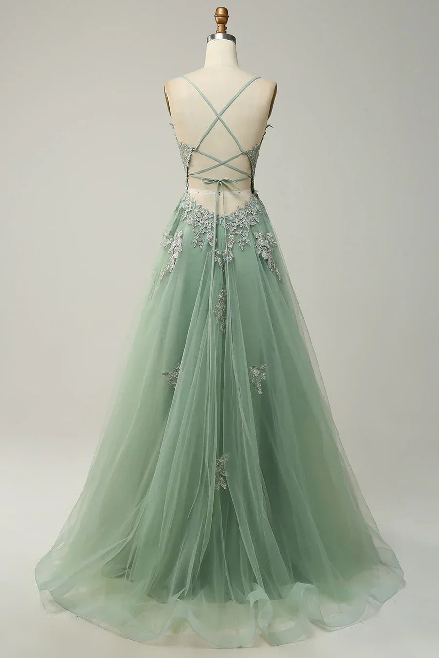 A-line Spaghetti Strap Tulle Long Prom Dress Applique V-neck Party Dress HZ1024