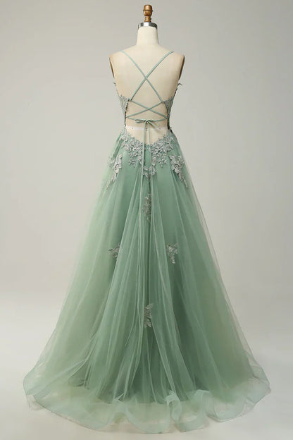 A-line Spaghetti Strap Tulle Long Prom Dress Applique V-neck Party Dress HZ1024