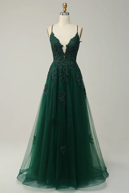 A-line Spaghetti Strap Tulle Long Prom Dress Applique V-neck Party Dress HZ1024