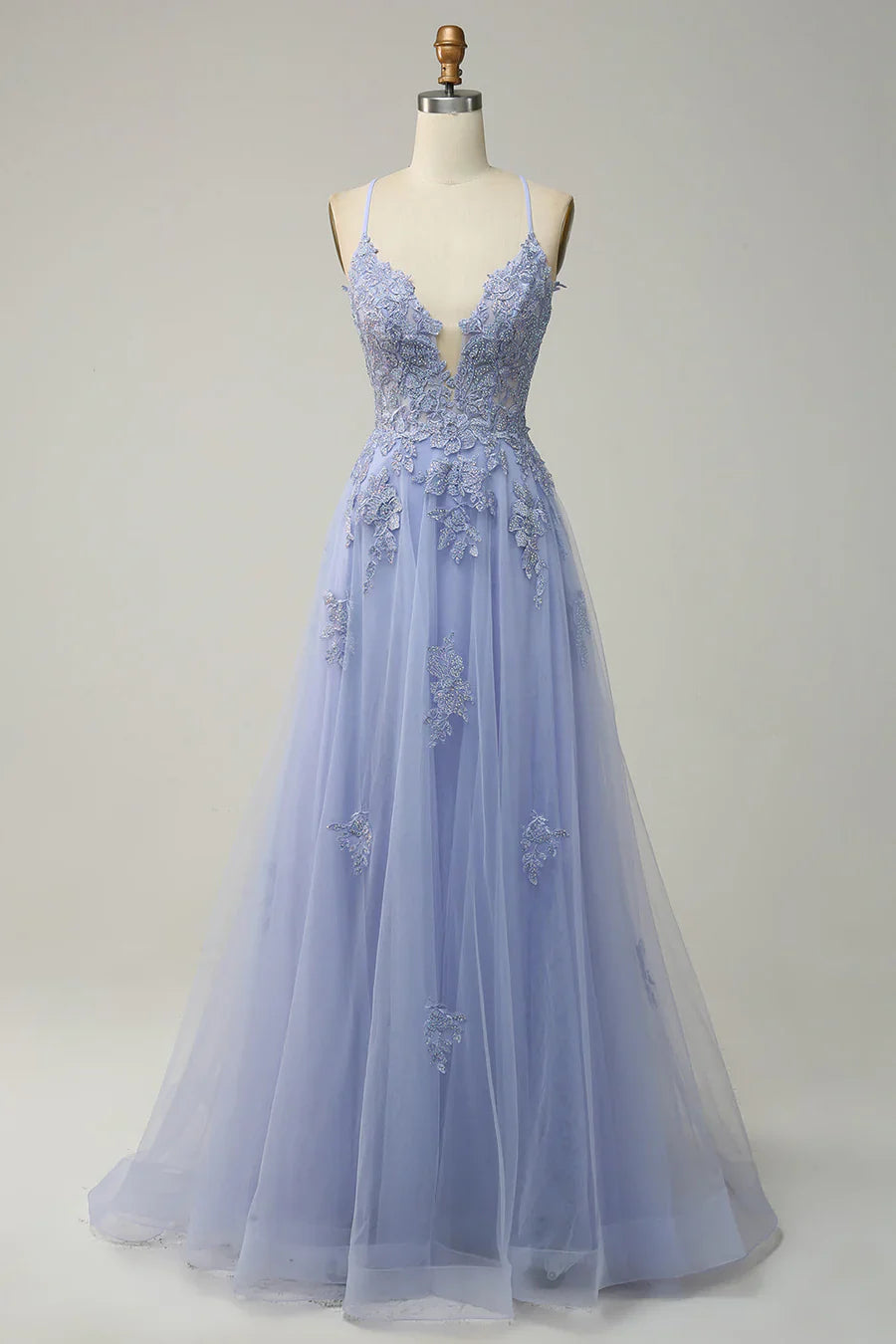 Sage A-line Spaghetti Strap Tulle Long Prom Dress Applique V-neck Party Dress ED01380