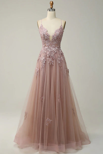 Sage A-line Spaghetti Strap Tulle Long Prom Dress Applique V-neck Party Dress ED01380