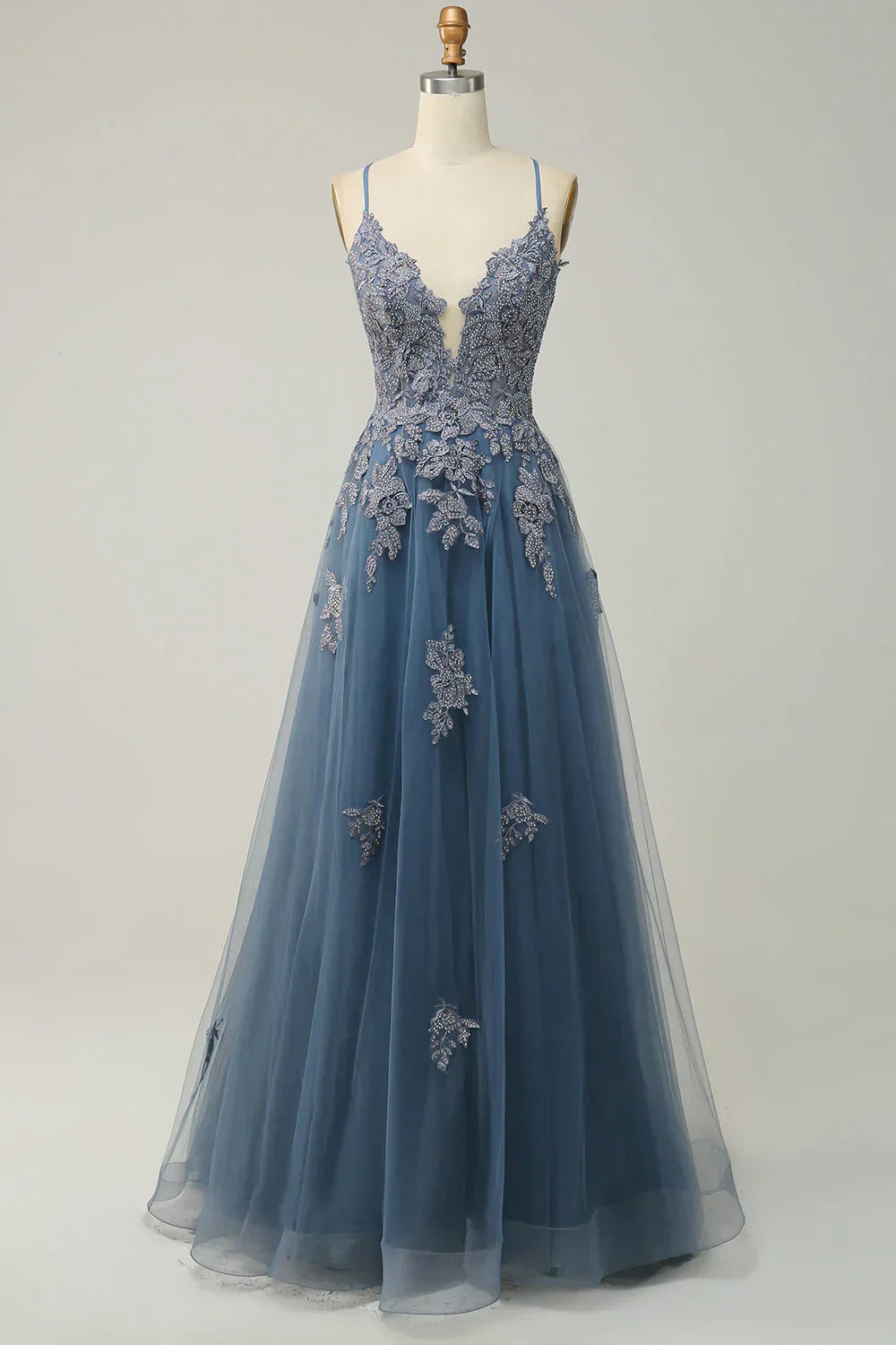 A-line Spaghetti Strap Tulle Long Prom Dress Applique V-neck Party Dress HZ1024