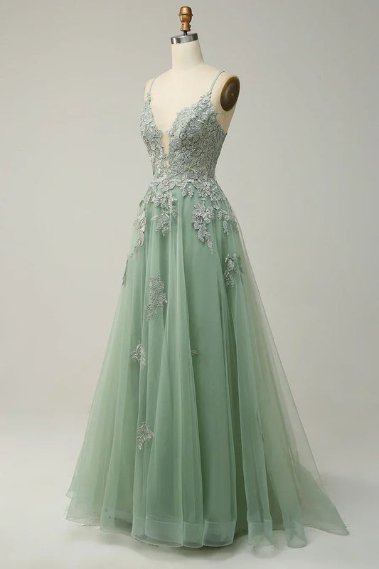 A-line Spaghetti Strap Tulle Long Prom Dress Applique V-neck Party Dress HZ1024