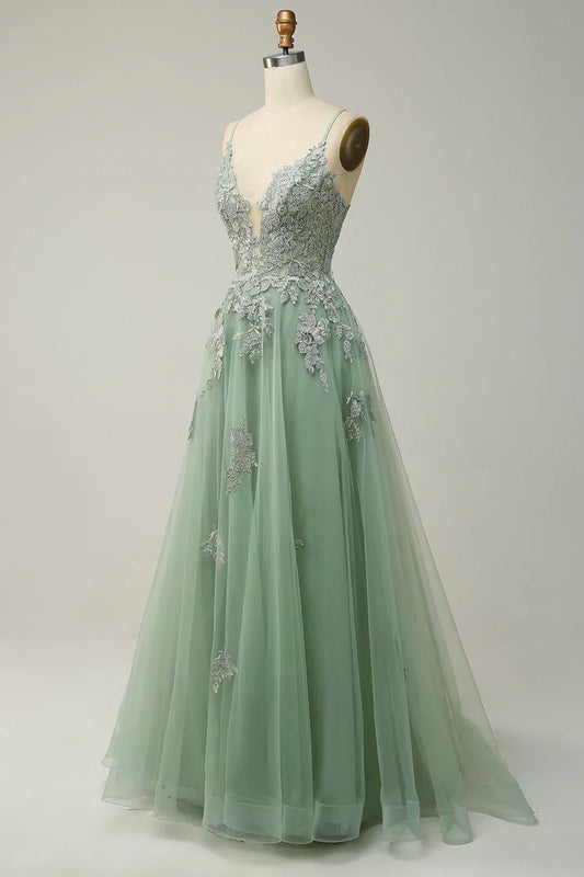 Sage A-line Spaghetti Strap Tulle Long Prom Dress Applique V-neck Party Dress ED01380