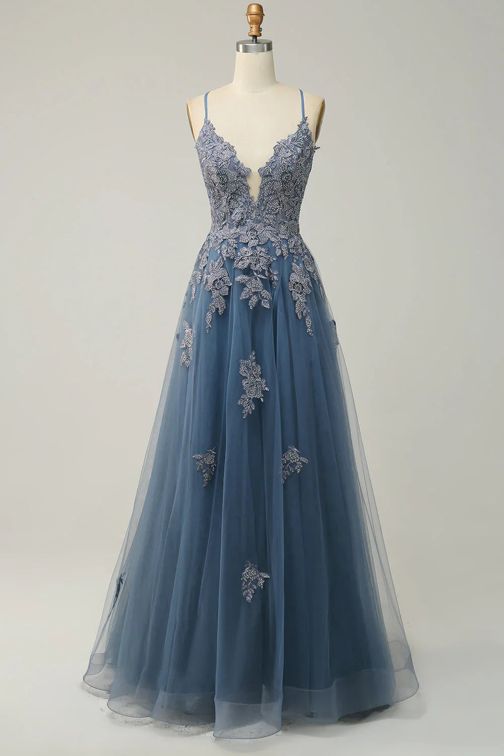 Sage A-line Spaghetti Strap Tulle Long Prom Dress Applique V-neck Party Dress ED01380