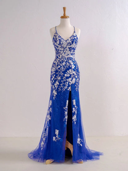 Mermaid V Neck Long Prom Dress with Appliques Beading ED01382