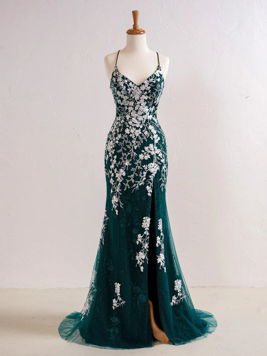 Mermaid V Neck Long Prom Dress with Appliques Beading ED01382
