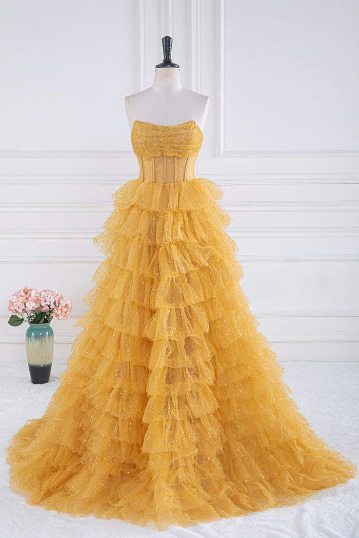 A-line Strapless Tulle Sequined Long Prom Dress, Gold Sweet 16 Dress HZ1024