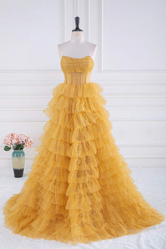 A-line Strapless Tulle Sequined Long Prom Dress, Gold Sweet 16 Dress HZ1024