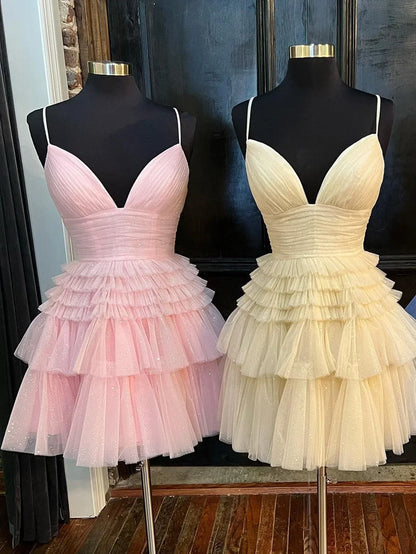 Deep V Neck Tiered Short Prom Dress HZ1024