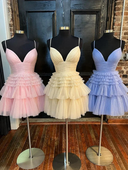 Deep V Neck Tiered Short Prom Dress HZ1024