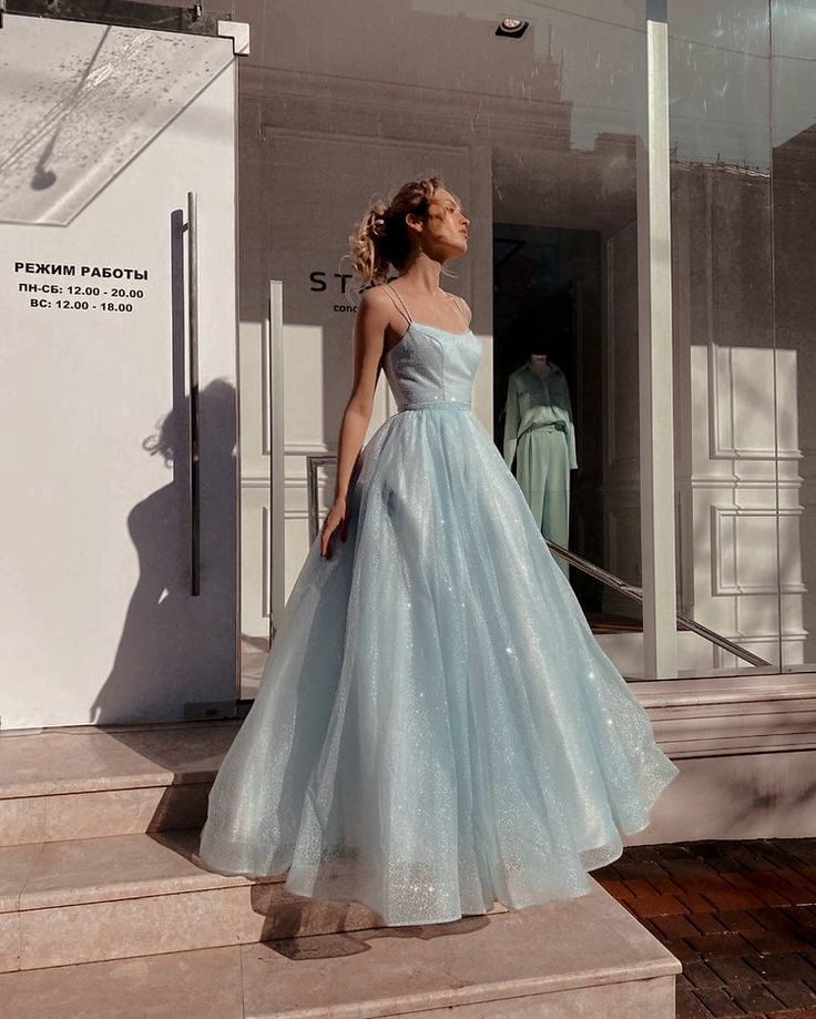 blue A-line spaghetti strap tulle simple long prom dress HZ1024