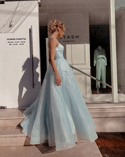 blue A-line spaghetti strap tulle simple long prom dress HZ1024