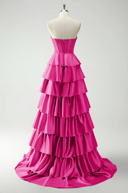 A-line strapless sweetheart neck satin simple long prom dress HZ1024