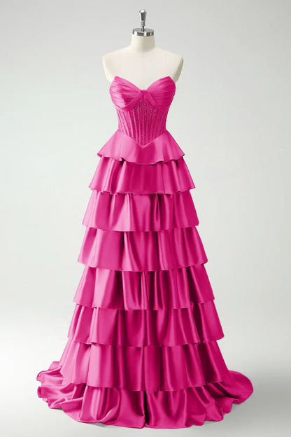 A-line strapless sweetheart neck satin simple long prom dress HZ1024