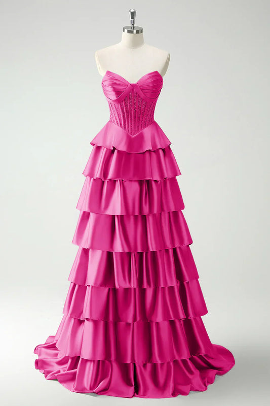 A-line strapless sweetheart neck satin simple long prom dress HZ1024
