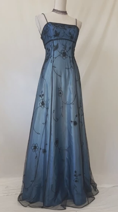 Elegant Spaghetti Straps Imperial Long Prom Dresses Satin Chiffon Beaded Blue Evening Dresses Sleeveless Formal Dresses DP04078