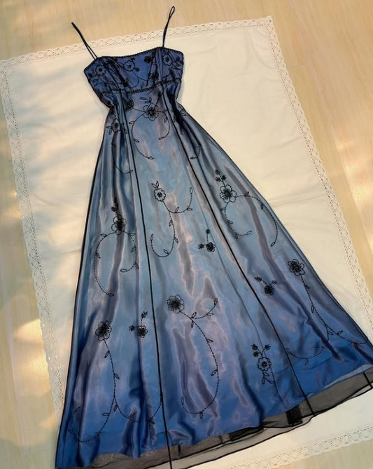 Vintage Blue Gradient Empire Prom Dresses Backless Romantic Beaded Evening Dresses Guest Dresses ED01406