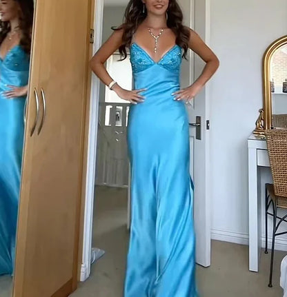 Elegant Blue_©µ Spaghetti Strap Mermaid Gown for Prom&Party Sleeveless Satin Vintage Formal Evening Dress  ED01407