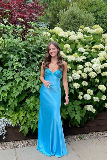 Elegant Blue_©µ Spaghetti Strap Mermaid Gown for Prom&Party Sleeveless Satin Vintage Formal Evening Dress  ED01407