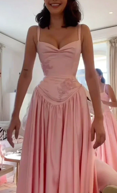 Elegant Spaghetti Straps A Line  Prom Dress Satin Pink Long Bridesmaid Dresses ED01409