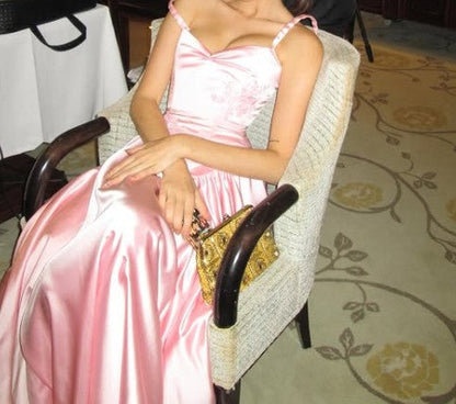Elegant Spaghetti Straps A Line  Prom Dress Satin Pink Long Bridesmaid Dresses ED01409