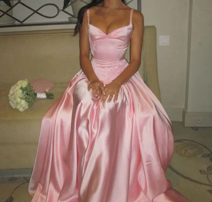 Elegant Spaghetti Straps A Line  Prom Dress Satin Pink Long Bridesmaid Dresses ED01409