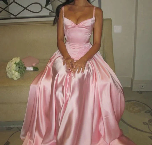 Elegant Spaghetti Straps A Line  Prom Dress Satin Pink Long Bridesmaid Dresses ED01409