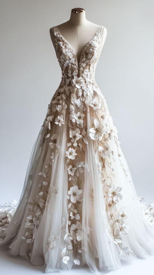 A-line V-neck Tulle 3D Applique Wedding Dress Simple Beaded Evening Gown HZ1024
