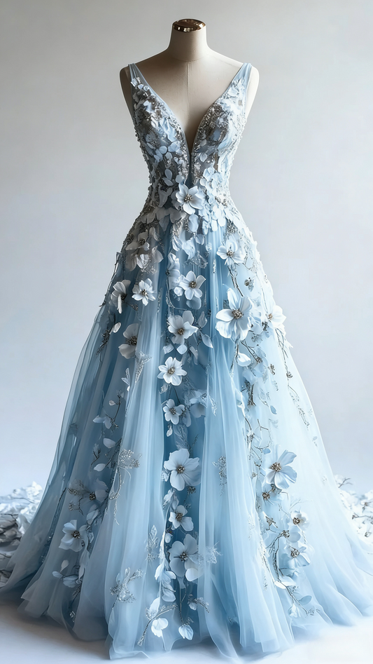 __Retro A-line V-neck Tulle 3D Applique Wedding Dress Simple Beaded Evening Gown ED01411