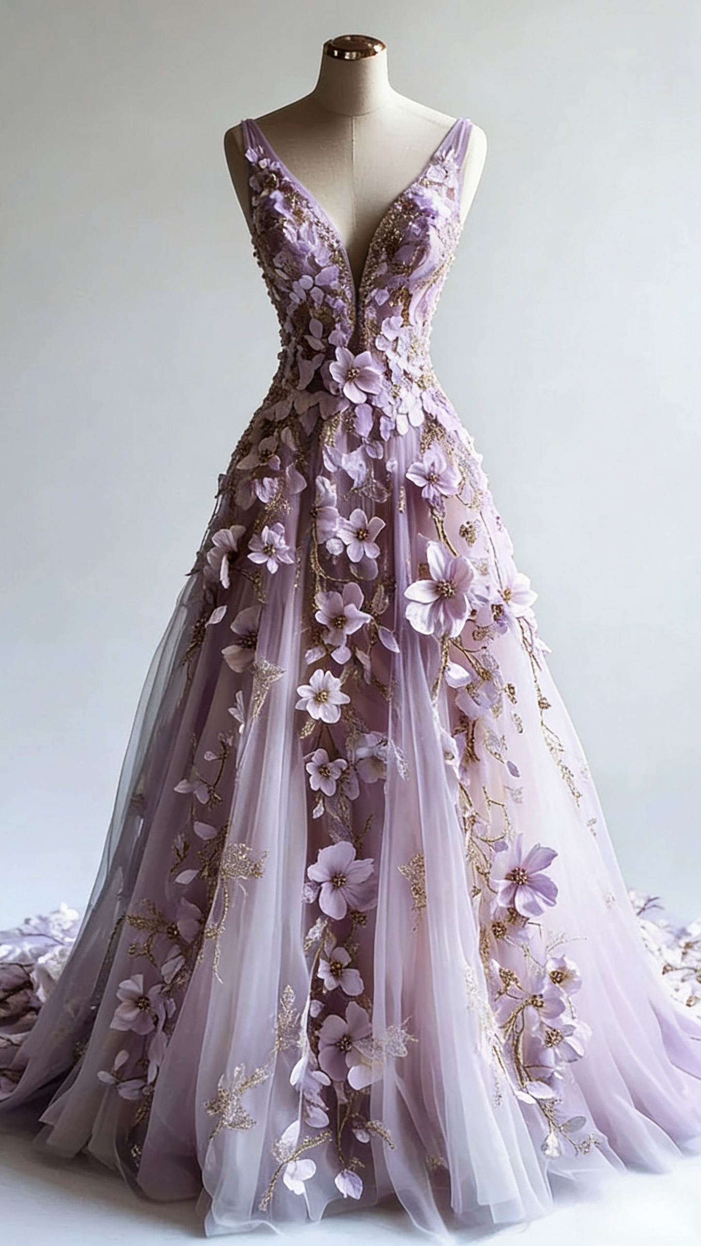 __Retro A-line V-neck Tulle 3D Applique Wedding Dress Simple Beaded Evening Gown ED01411