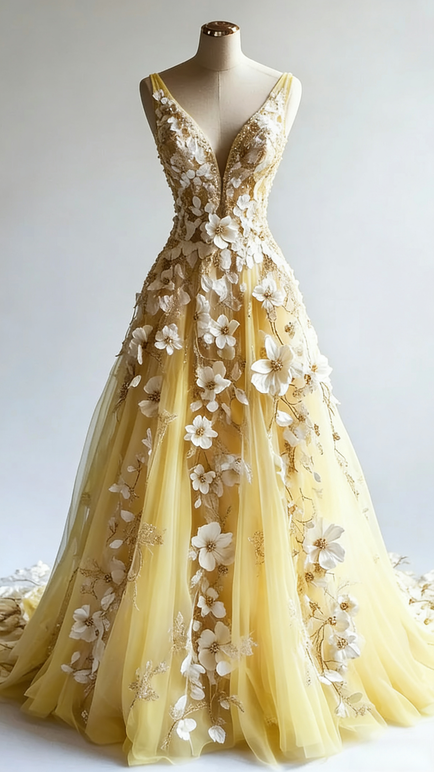 __Retro A-line V-neck Tulle 3D Applique Wedding Dress Simple Beaded Evening Gown ED01411