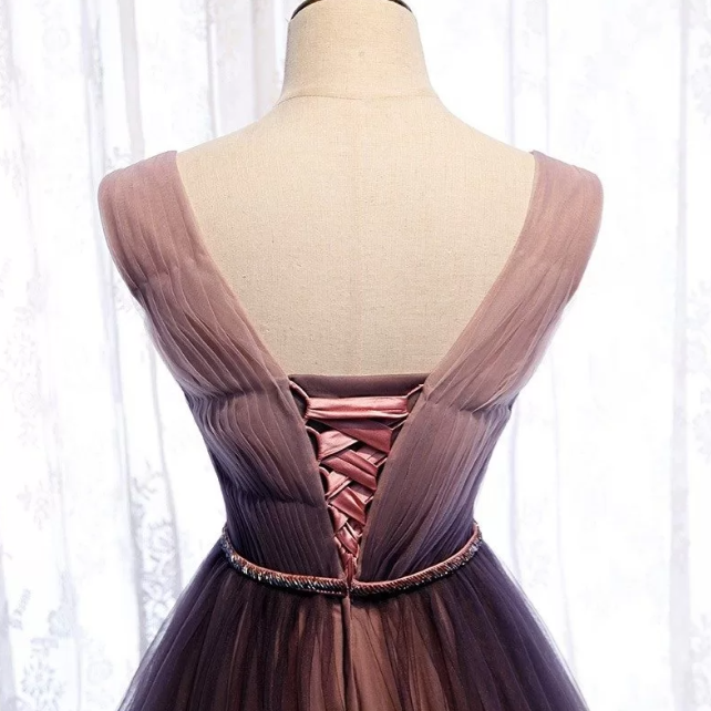 Deep V neck Pleated Purple Tulle Formal Prom Dress Flowing HZ1024