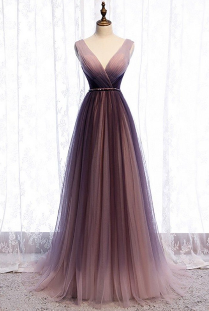 Deep V neck Pleated Purple Tulle Formal Prom Dress Flowing HZ1024
