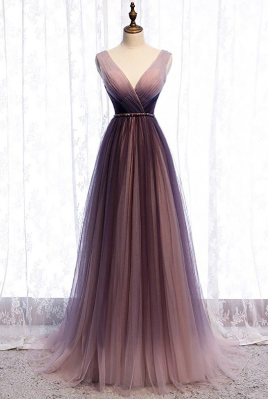 Deep V neck Pleated Purple Tulle Formal Prom Dress Flowing HZ1024