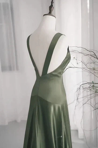 A-Line Dark Green SatinV-Neckline Low Back Prom Dress, Dark Green Formal Dress HZ1024