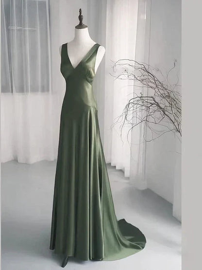 A-Line Dark Green SatinV-Neckline Low Back Prom Dress, Dark Green Formal Dress HZ1024