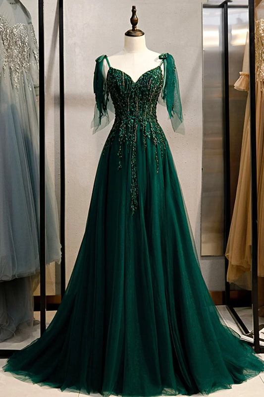 A-line V-Neck Tulle Beaded Long Prom Dress, Elegant Spaghetti Straps Lace Evening Dress HZ1024