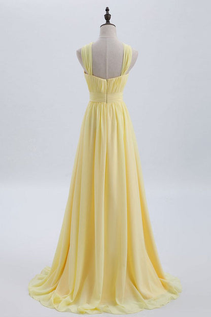 Front Pale Yellow Pleated Chiffon Long Bridesmaid Dress Long Prom Dress HZ1024