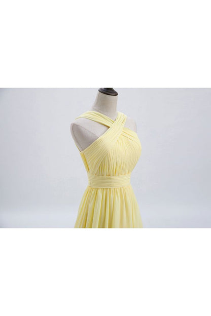 Cross Front Pale Yellow Pleated Chiffon Long Bridesmaid Dress Long Prom Dress ED01417