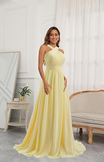 Front Pale Yellow Pleated Chiffon Long Bridesmaid Dress Long Prom Dress HZ1024