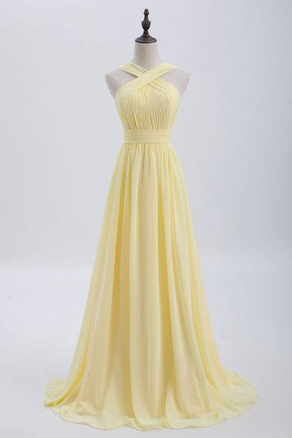 Front Pale Yellow Pleated Chiffon Long Bridesmaid Dress Long Prom Dress HZ1024