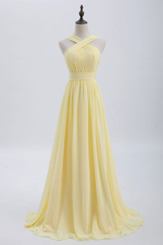 Front Pale Yellow Pleated Chiffon Long Bridesmaid Dress Long Prom Dress HZ1024
