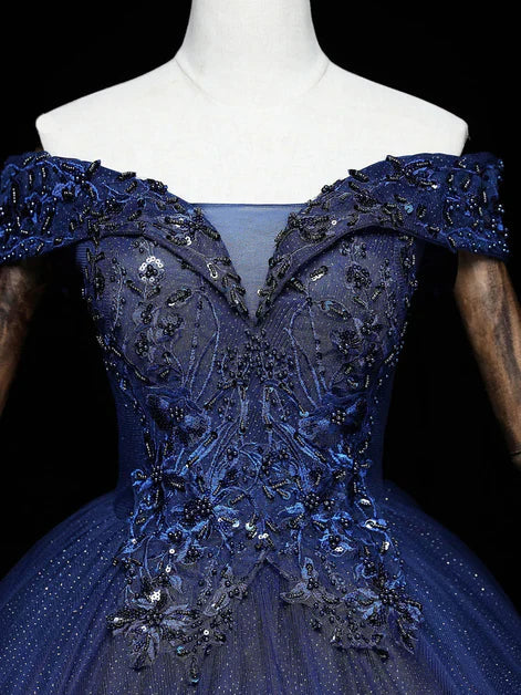 Blue A-Line Tulle Beading Off Shoulder Party Dress, Navy Blue Lace Applique Sequin Prom Dress HZ1024