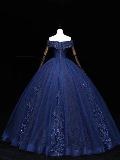Blue A-Line Tulle Beading Off Shoulder Party Dress, Navy Blue Lace Applique Sequin Prom Dress HZ1024