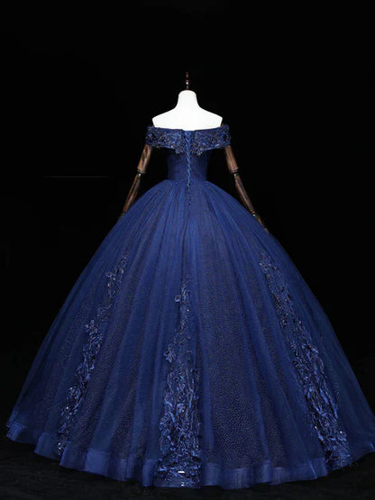 Navy Blue A-Line Tulle Beading Off Shoulder Party Dress, Navy Blue Lace Applique Sequin Prom Dress ED01418