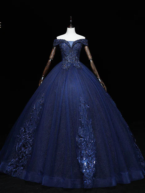 Blue A-Line Tulle Beading Off Shoulder Party Dress, Navy Blue Lace Applique Sequin Prom Dress HZ1024