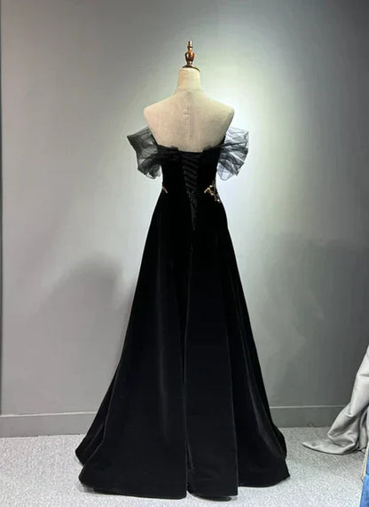 A-line Off Shoulder Tulle Velvet Long Prom Dress,Sequin Formal Evening Dress HZ1024