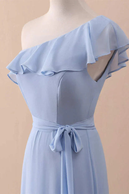 A-Line One-Shoulder Ruffled Chiffon Long Bridesmaid Dress Prom Dress HZ1024